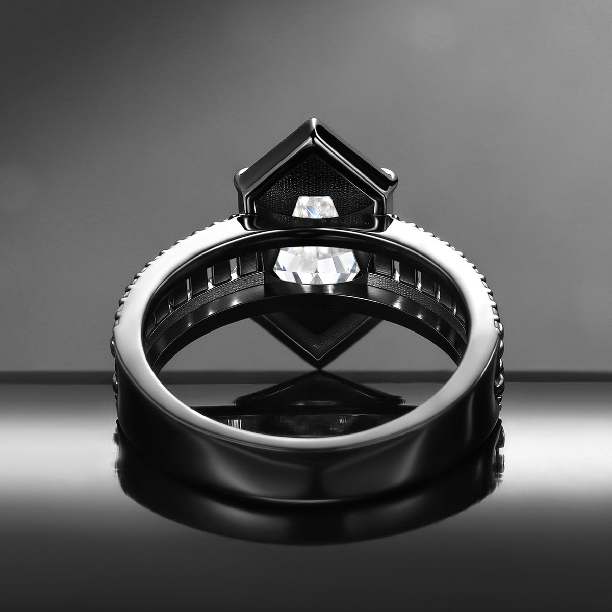 Retro Art Deco Coffin Cut Moissanite 'Fallen Aegis' Gothic Black Gold Engagement Ring