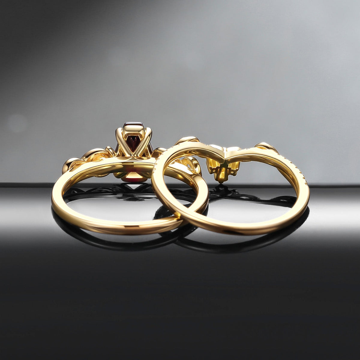 Gothic Style Coffin Cut Garnet Infinity Twist Snake Engagement Ring Set 2pcs - Serpent's Embrace