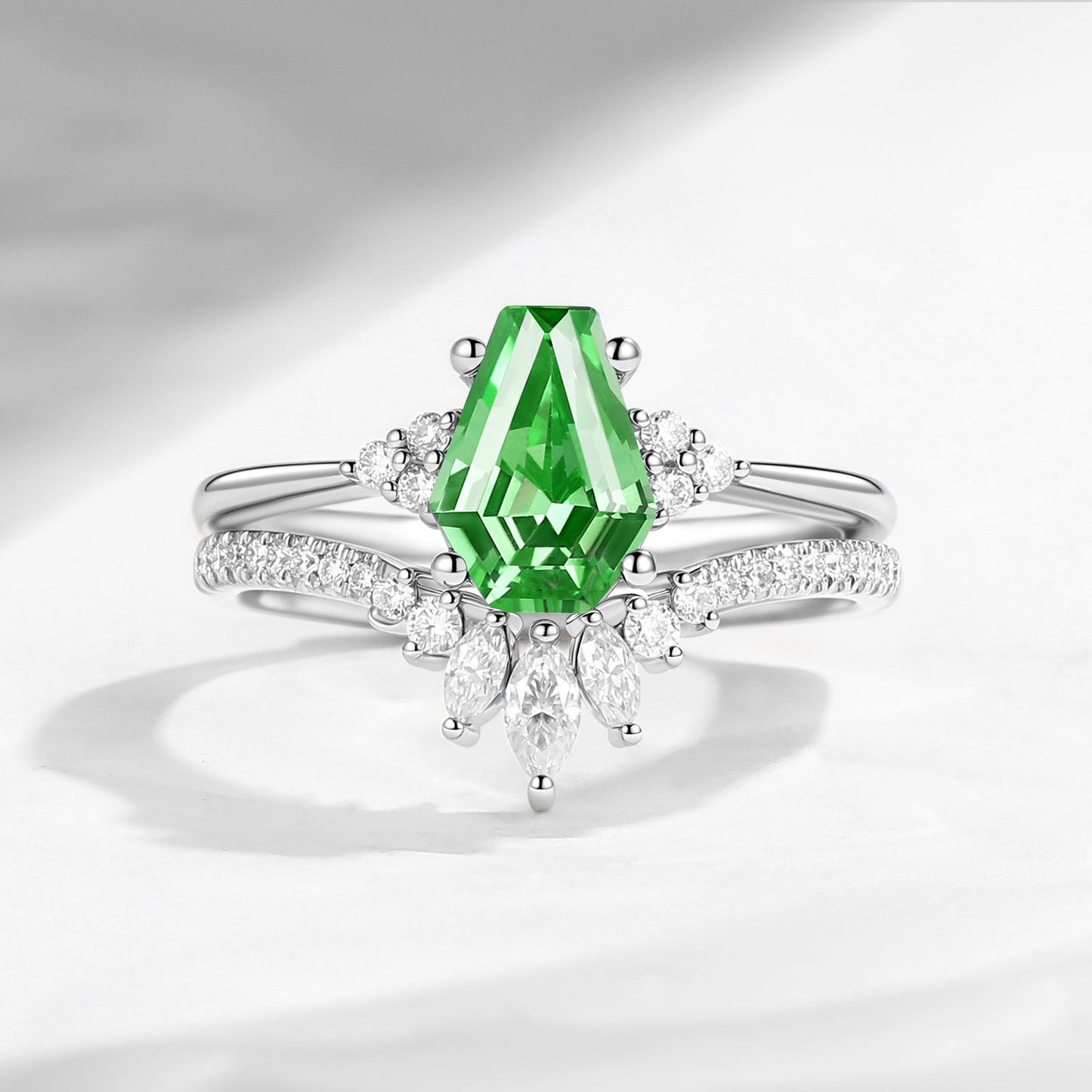 Classic Coffin Cut Lab Tsavorite Engagement Set 2pcs - White Dress