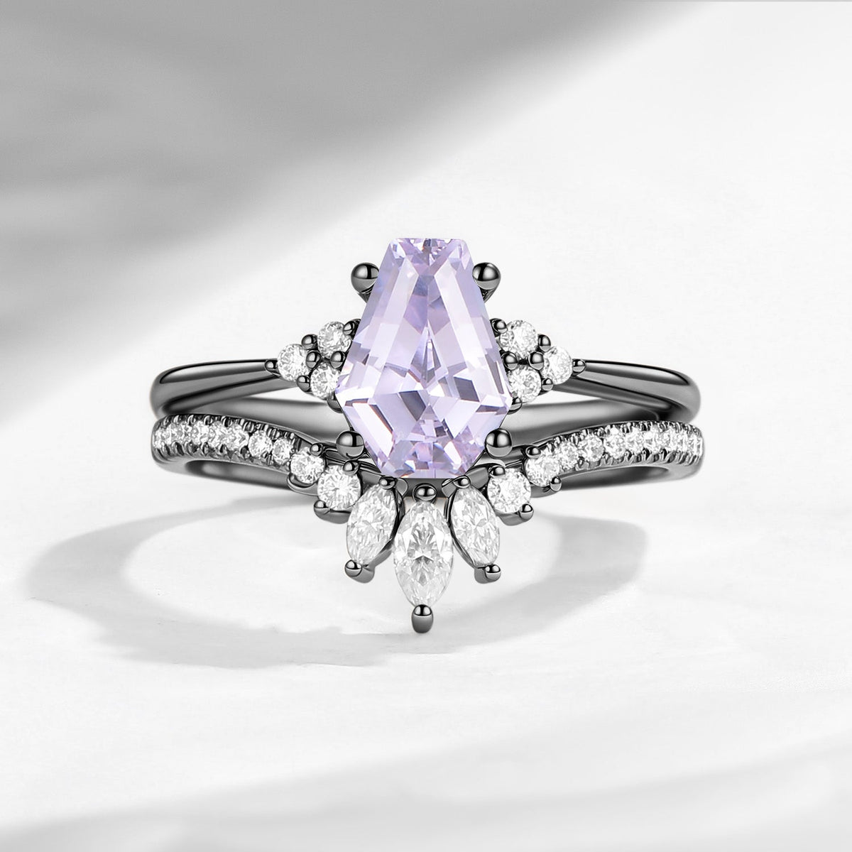 Coffin Cut Lab Lavender Sapphire Alternative Engagement Ring 2pcs - White Dress