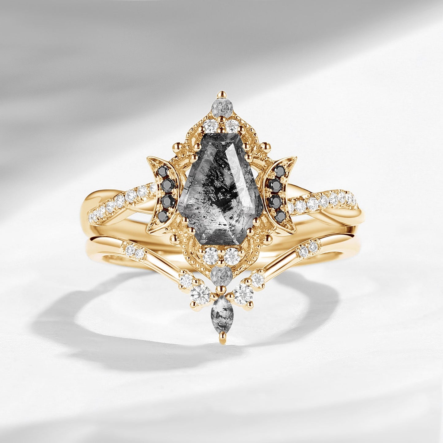 Crescent Moon | Vintage Inspired Infinity Coffin Cut Herkimer Diamond & Black Moissanite Engagement Ring Set 2PCS - Alexandria