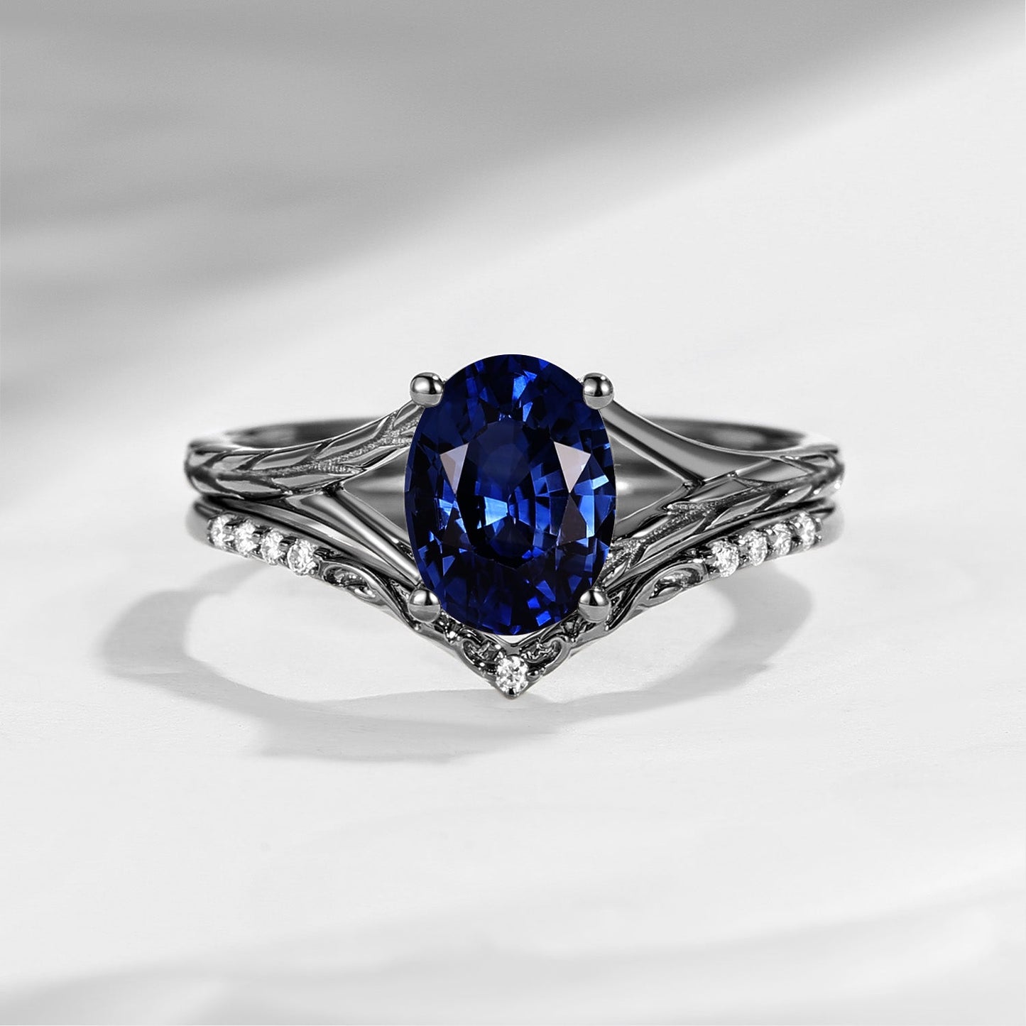 Nature Inspired Oval Cut Natural Sapphire Textured Engagement Ring Set 2pcs