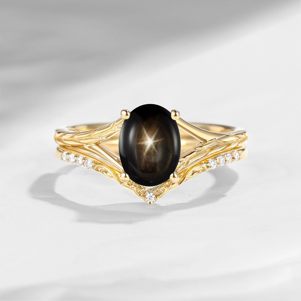 Nature Inspired Oval Cut Natural Black Star Sapphire Textured Engagement Ring Set 2pcs