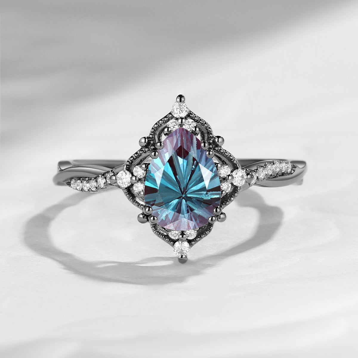 Vintage Style Firework Cut Pear Shaped Lab Alexandrite Infinity Engagement Ring