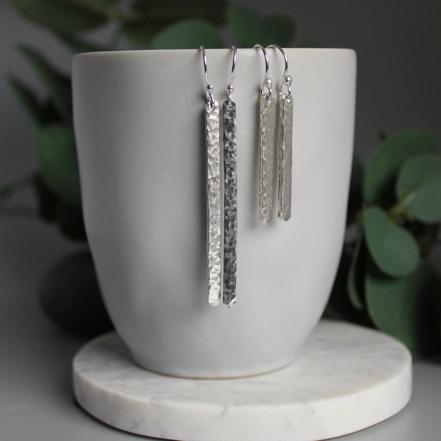 Long Hammered Bar Dangly Earrings | Sterling Silver | Handmade