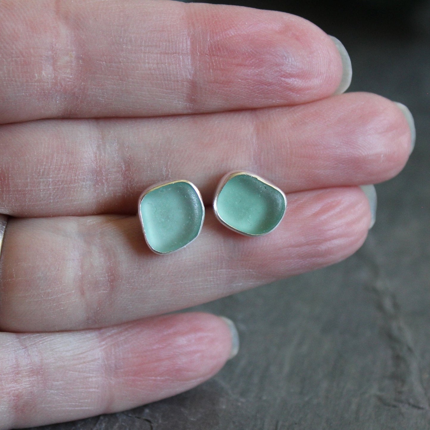 Turquoise Caribbean Sea Glass Stud Earrings | Handmade Sterling Silver