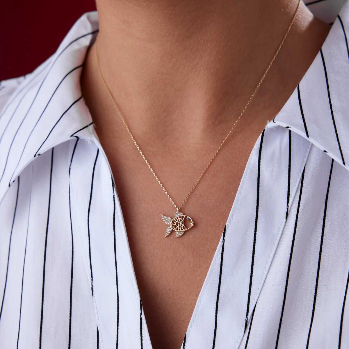 Fish Necklace with CZ in 14k Gold