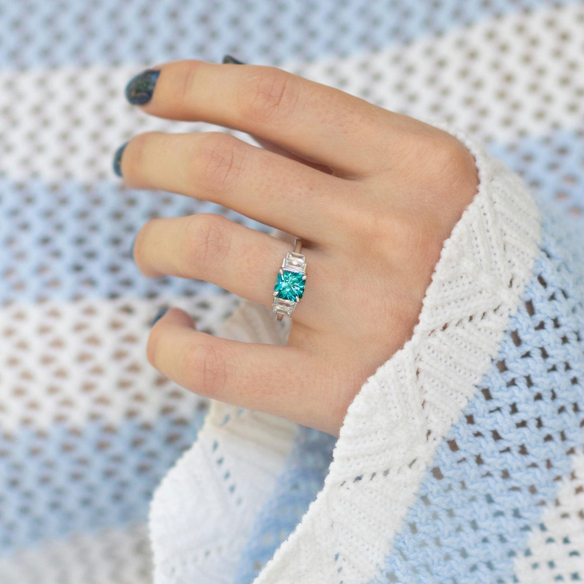 Art Deco Teal Sapphire Engagement Ring in Sterling Silver