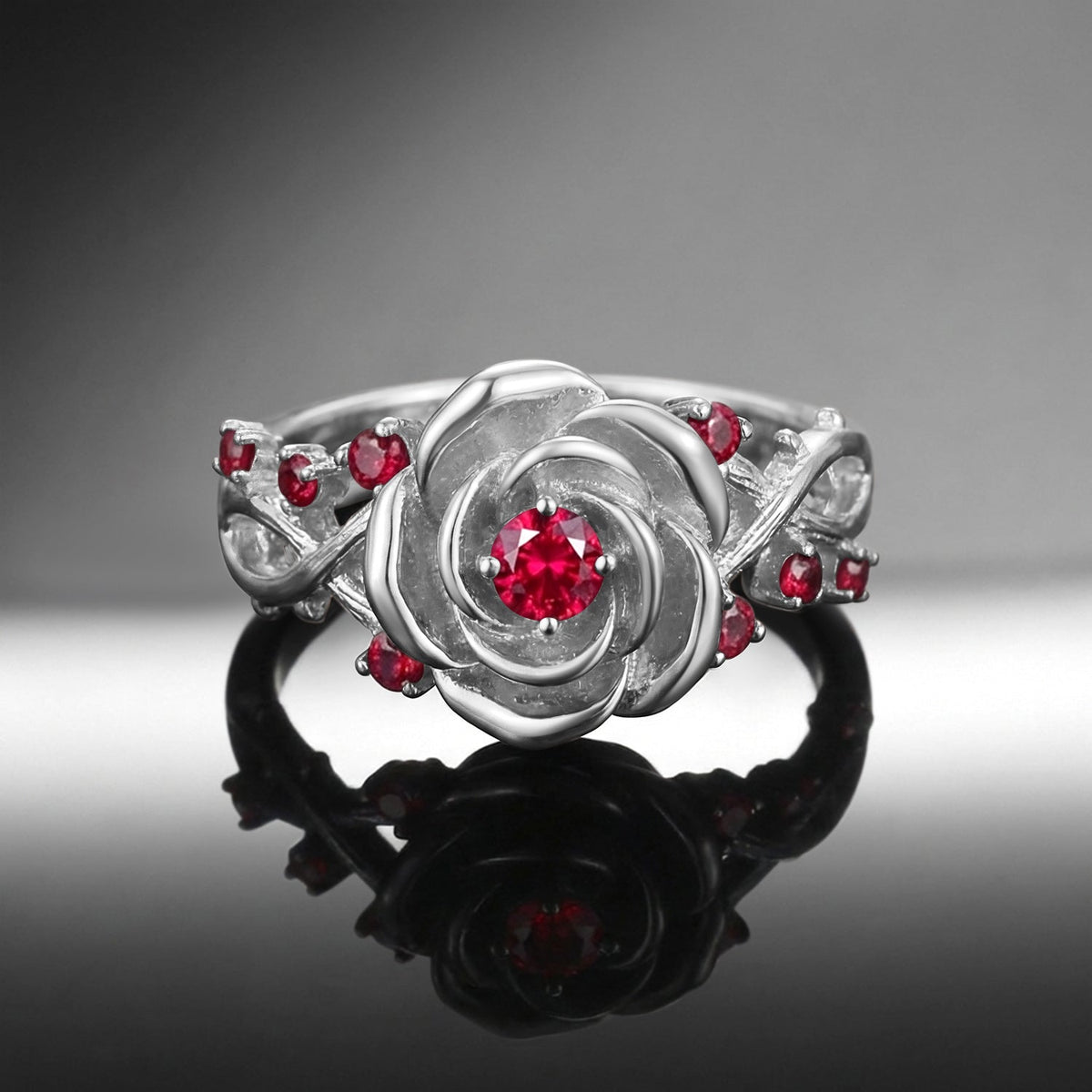 Thorns & Roses - Nature Inspired Round Lab Ruby Dark Crimson Rose Engagement Ring with Infinity Twisted Vine Band