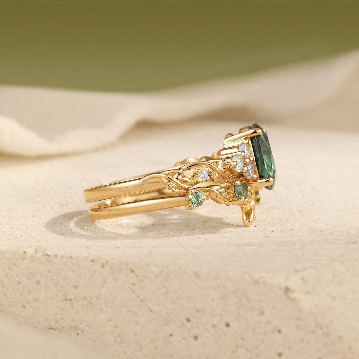 Oval Cut Lab Green Sapphire Twig Leaf Bridal Set 2pcs - Gwyneth
