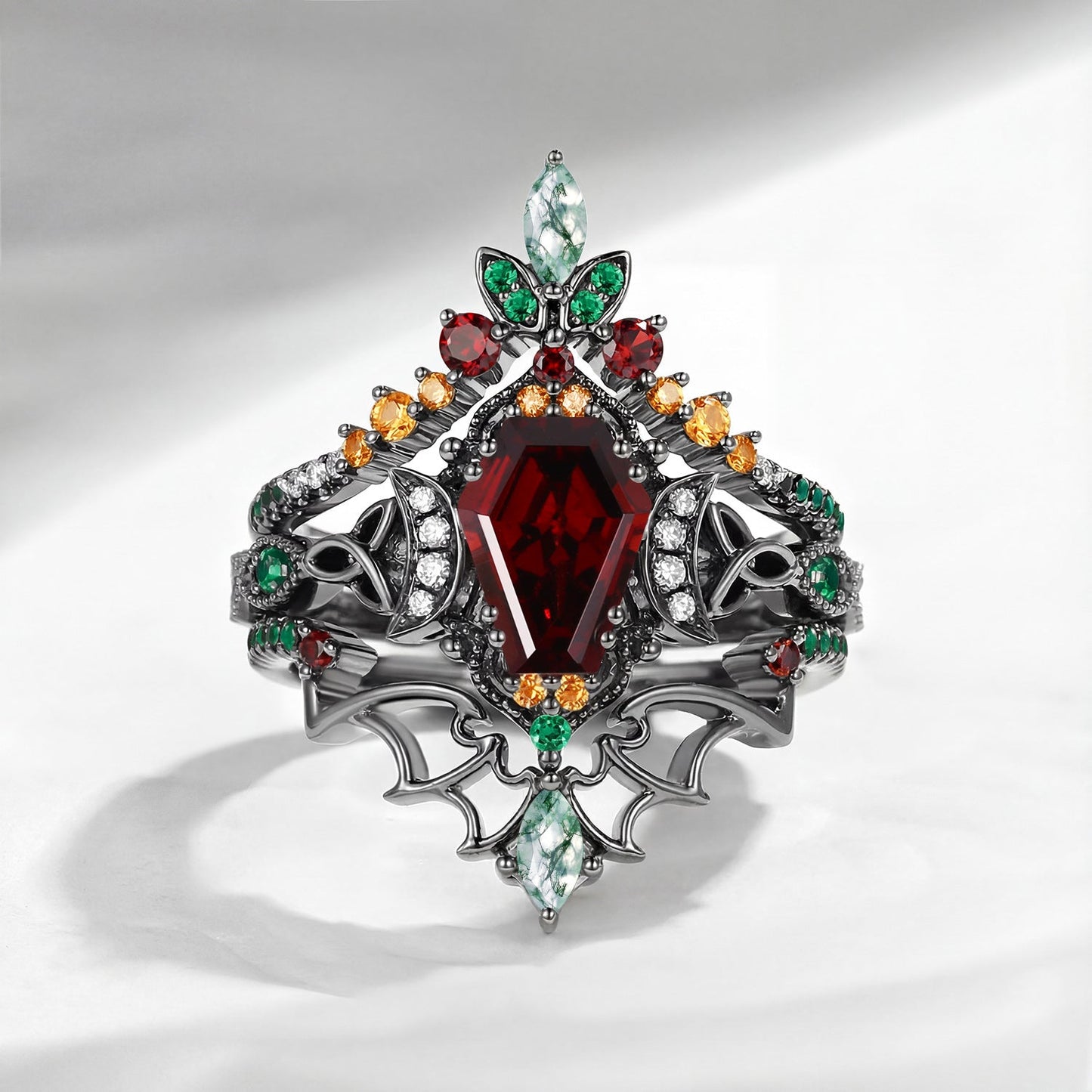 Celtic Moon - Coffin Cut Garnet Celtic Knot Engagement Ring Set In Black Gold
