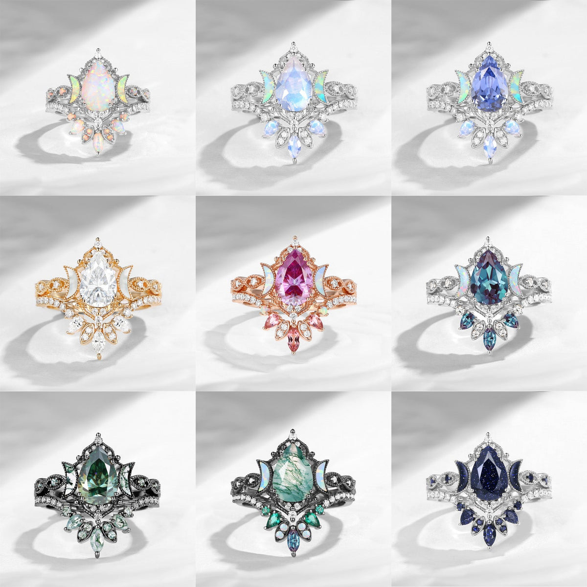 Crescent Moon | Pear Cut Lab Green Diamond 'Ultra Galaxy' Engagement Ring Set 2pcs