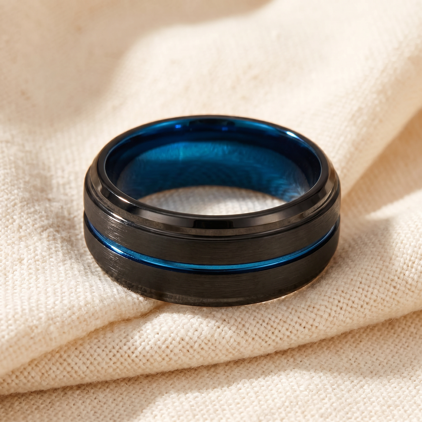 Men's Black & Blue Tungsten Ring Brushed Beveled Step Cut Wedding Band