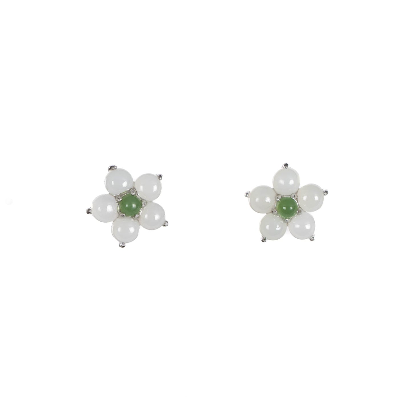 Jade Blossom – White and Green Jade Floral Stud Earrings in Sterling Silver