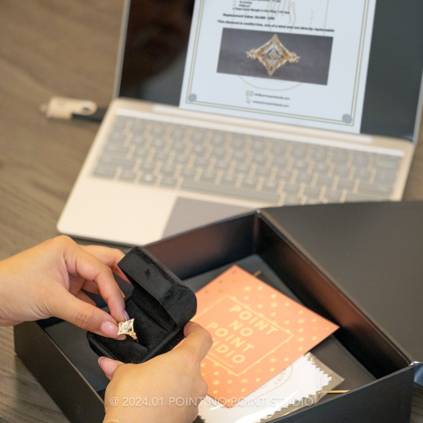.98 Carat Black Speckled Hexagon Diamond Engagement Ring, Dahlia Setting