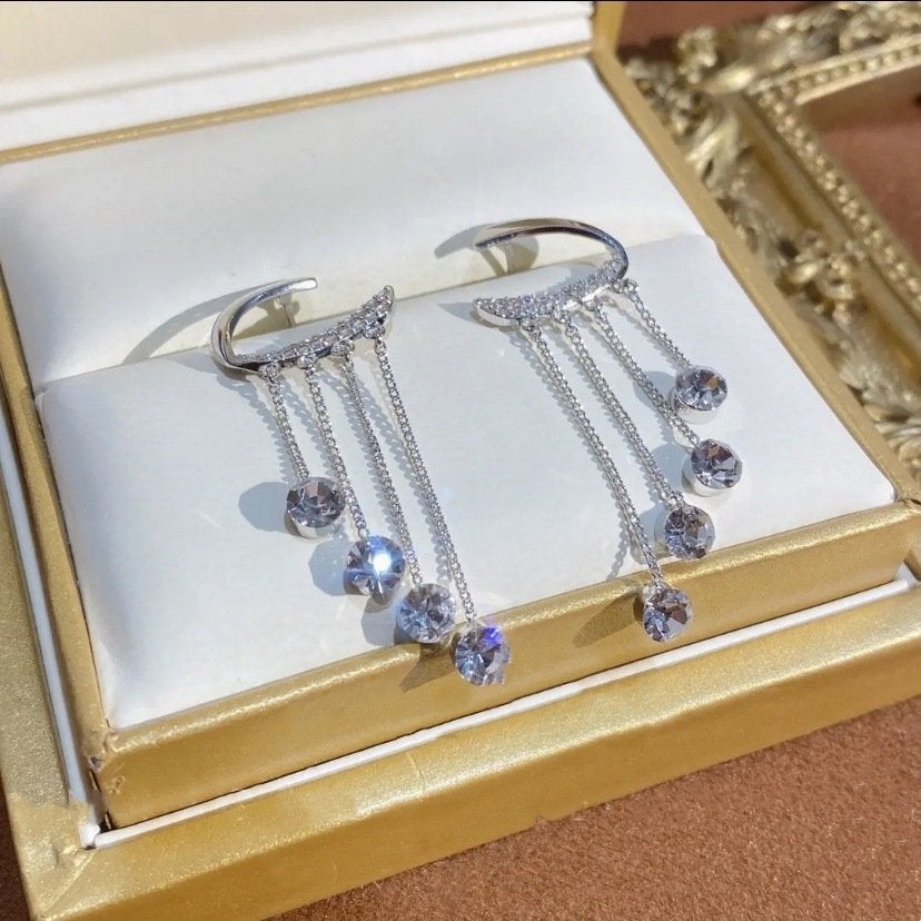 Sparkling Diamond Long Tassel Earrings