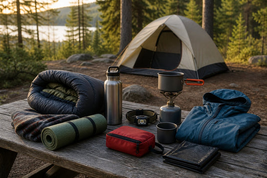 Packing illustration of a tent, sleeping bag, mat, water bottle, camping stove and headlamp.