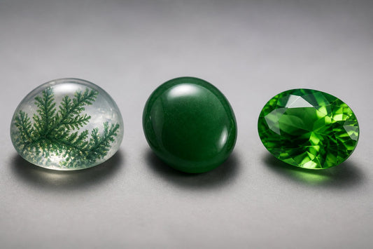 Conceptual comparison of a green-patterned cabochon, a solid dark-green cabochon and a faceted green stone.