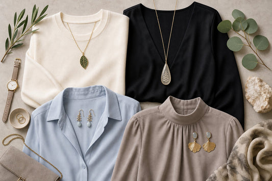 Four neckline examples paired with leaf pendants and botanical earrings in a styling illustration.