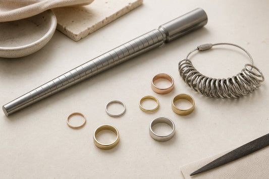 Ring-sizing mandrel, a set of sizing rings and plain bands on a neutral surface.