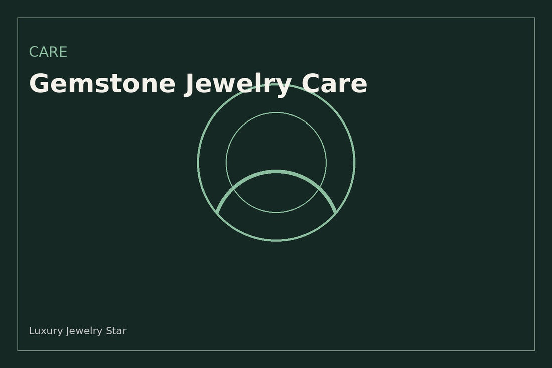 Abstract jewelry care graphic with soft green tones labeled Care for gemstone jewelry.