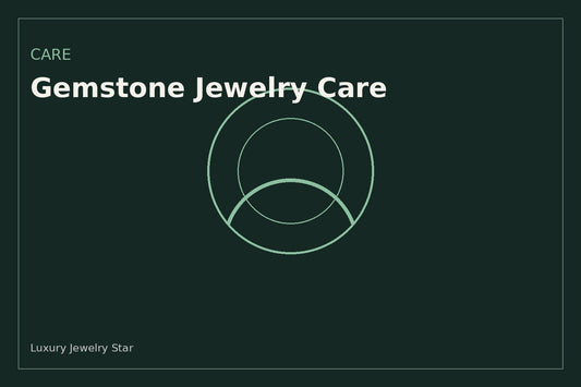 Abstract jewelry care graphic with soft green tones labeled Care for gemstone jewelry.