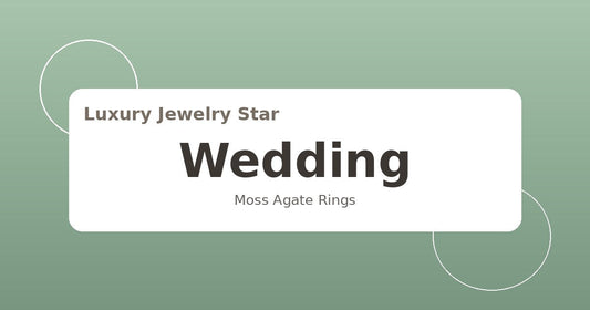 Abstract bridal jewelry graphic with soft green tones labeled Wedding for moss agate rings.