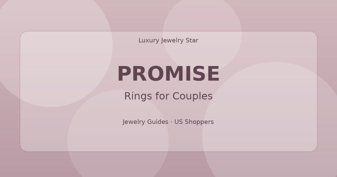 Abstract jewelry guide graphic with soft rose tones labeled Promise for rings for couples.