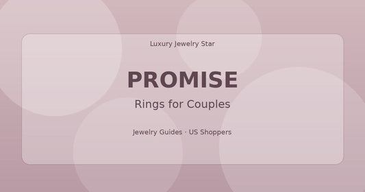 Abstract jewelry guide graphic with soft rose tones labeled Promise for rings for couples.