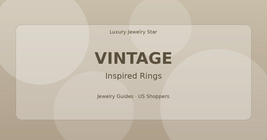 Abstract jewelry guide graphic with soft antique-gold tones labeled Vintage for inspired rings.