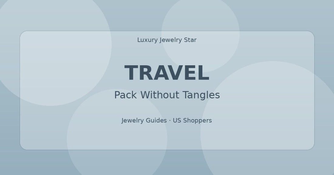 Abstract jewelry travel graphic with soft blue tones labeled Travel for pack without tangles.