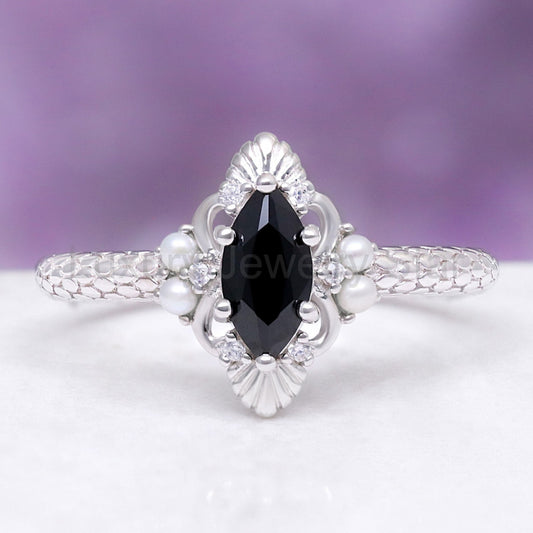 Arwen black onyx and pearl ring in sterling silver from Luxury Jewelry Star