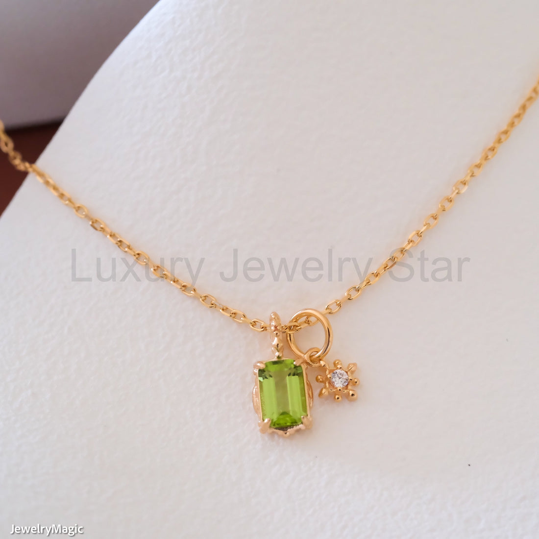 Baguette peridot necklace with a bright green stone from Luxury Jewelry Star