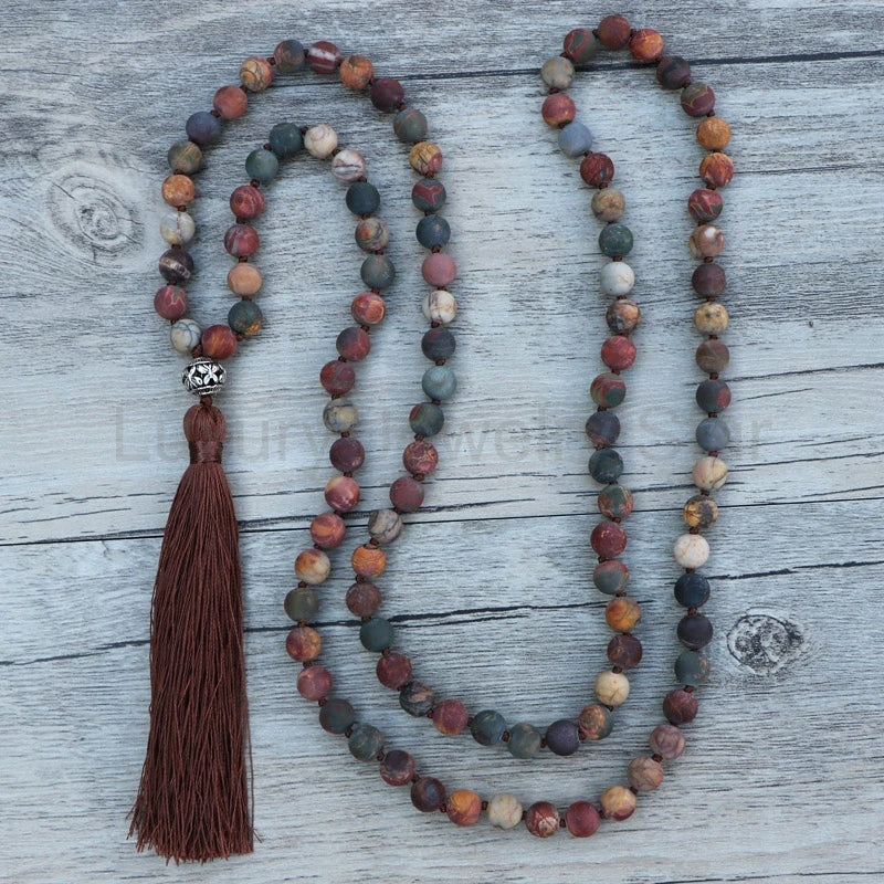 Matte red jasper 108-bead mala necklace from Luxury Jewelry Star