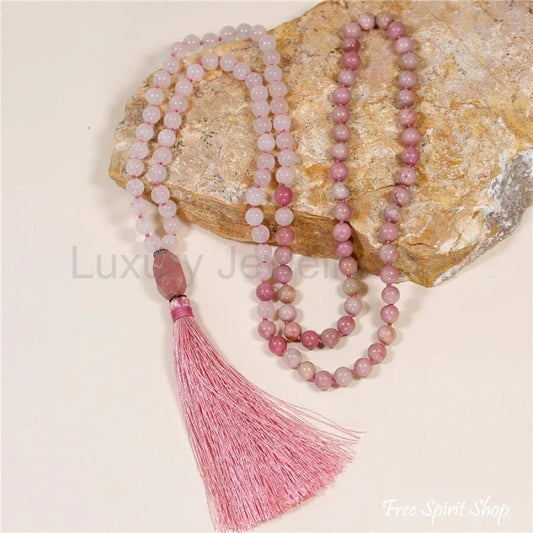 Natural rhodonite and rose quartz 108-bead mala necklace from Luxury Jewelry Star