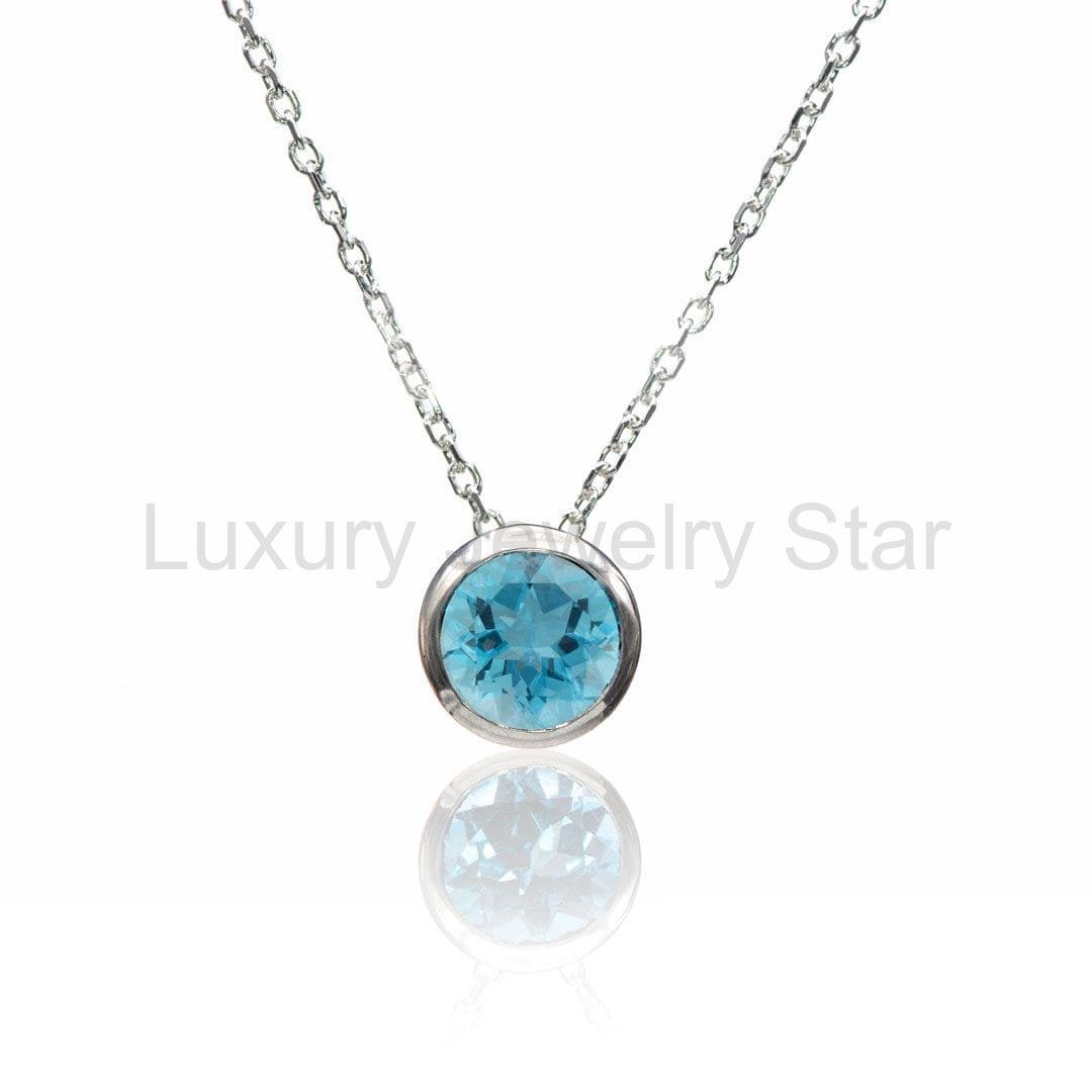 Round Swiss blue topaz sterling silver slide pendant necklace from Luxury Jewelry Star