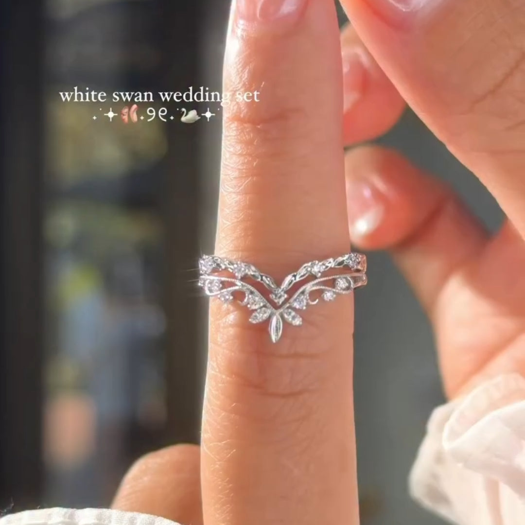 White Swan 5.0ct Oval Cut Botanical 3PC Wedding Ring Set In Sterling Silver