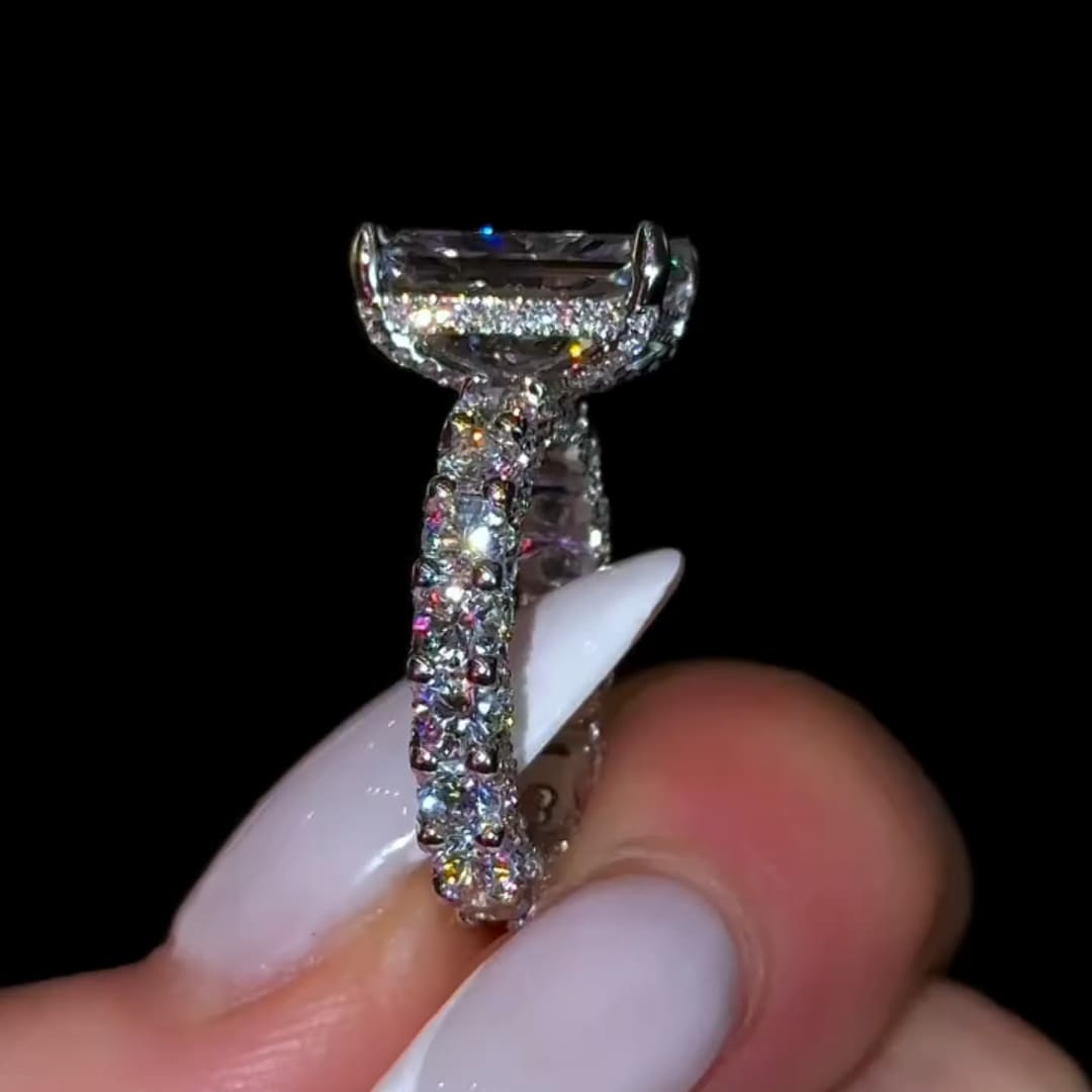 Iridescent-hued Hidden Halo Radiant Cut 5.0ct Engagement Ring In Sterling Silver