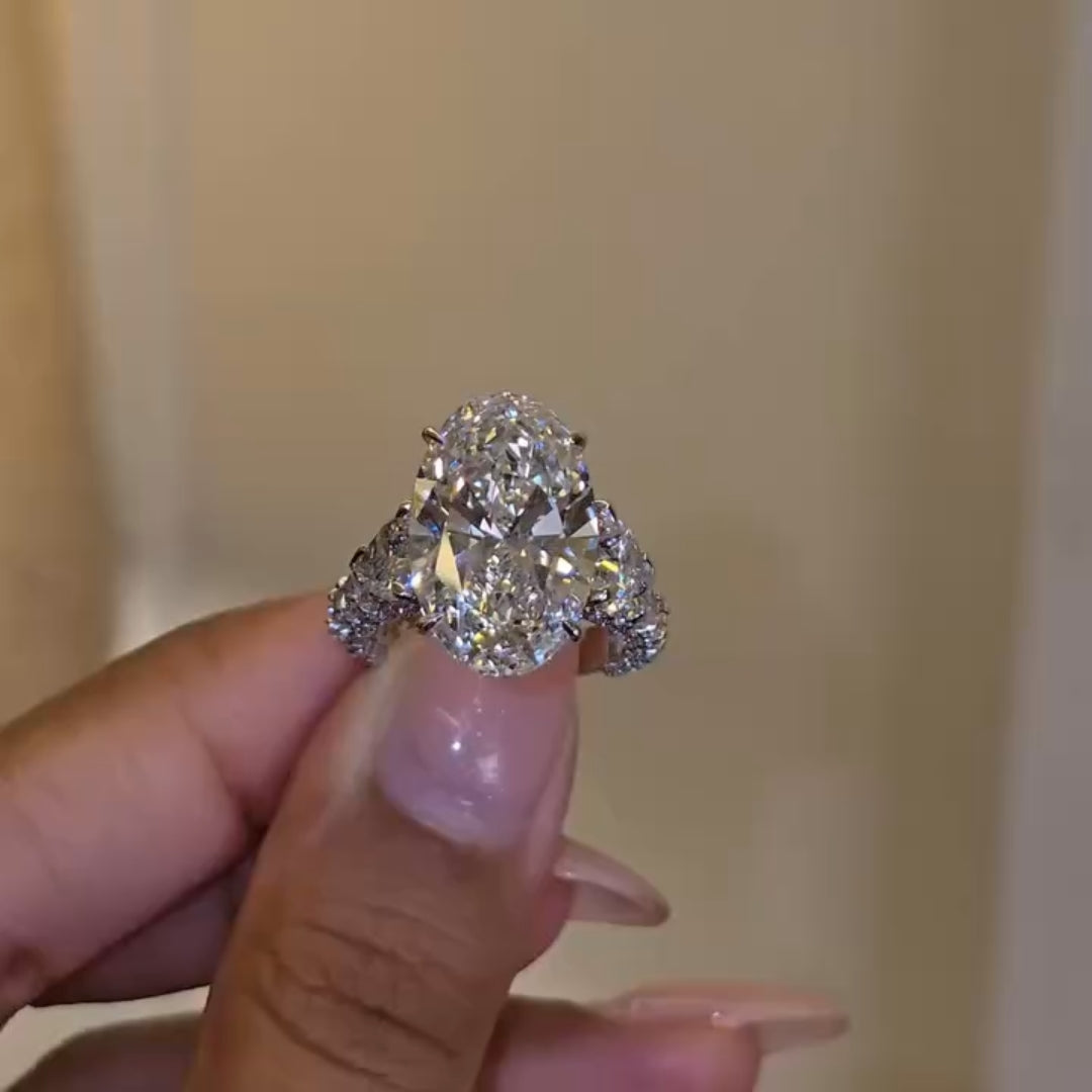 Glamorous Three-Stone Hidden Halo Oval Cut 10.0ct Engagement Ring