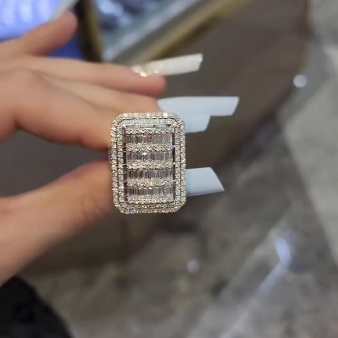 Massive Flawless Emerald Cut • Bold 7ct Look Double Halo Multi-Row Iced Out Engagement Ring In Sterling Silver