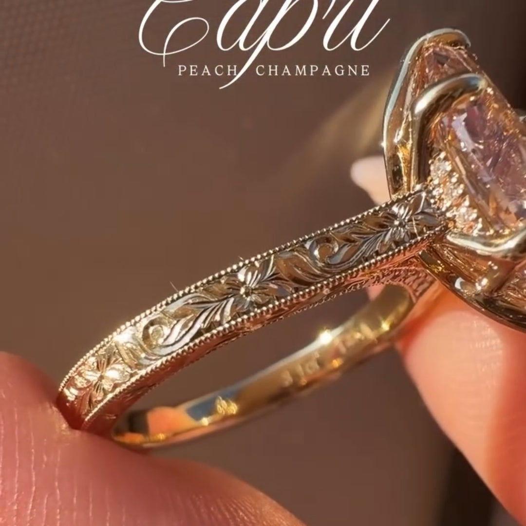 Vintage 3.0ct Hand-Engraved Peach Champagne Marquise Cut Engagement Ring In Sterling Silver
