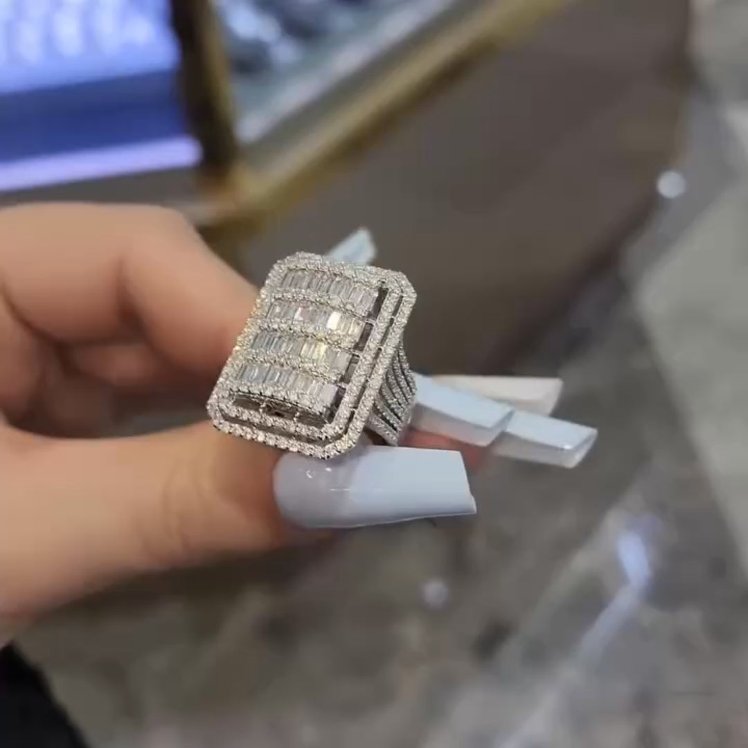Massive Flawless Emerald Cut • Bold 7ct Look Double Halo Multi-Row Iced Out Engagement Ring In Sterling Silver