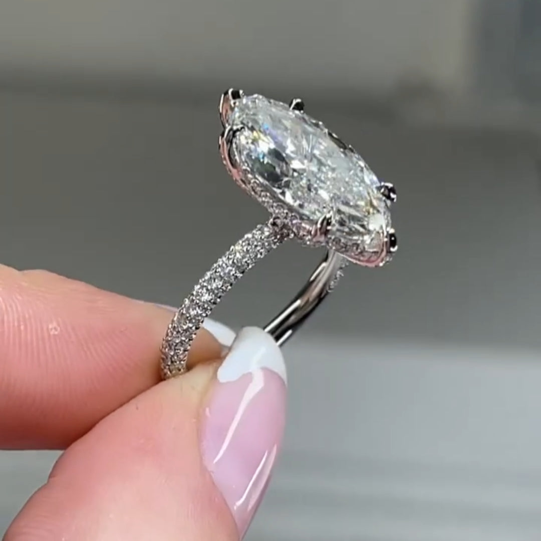 Deluxe Hidden Halo Marquise Cut 5.0ct Engagement Ring In Sterling Silver