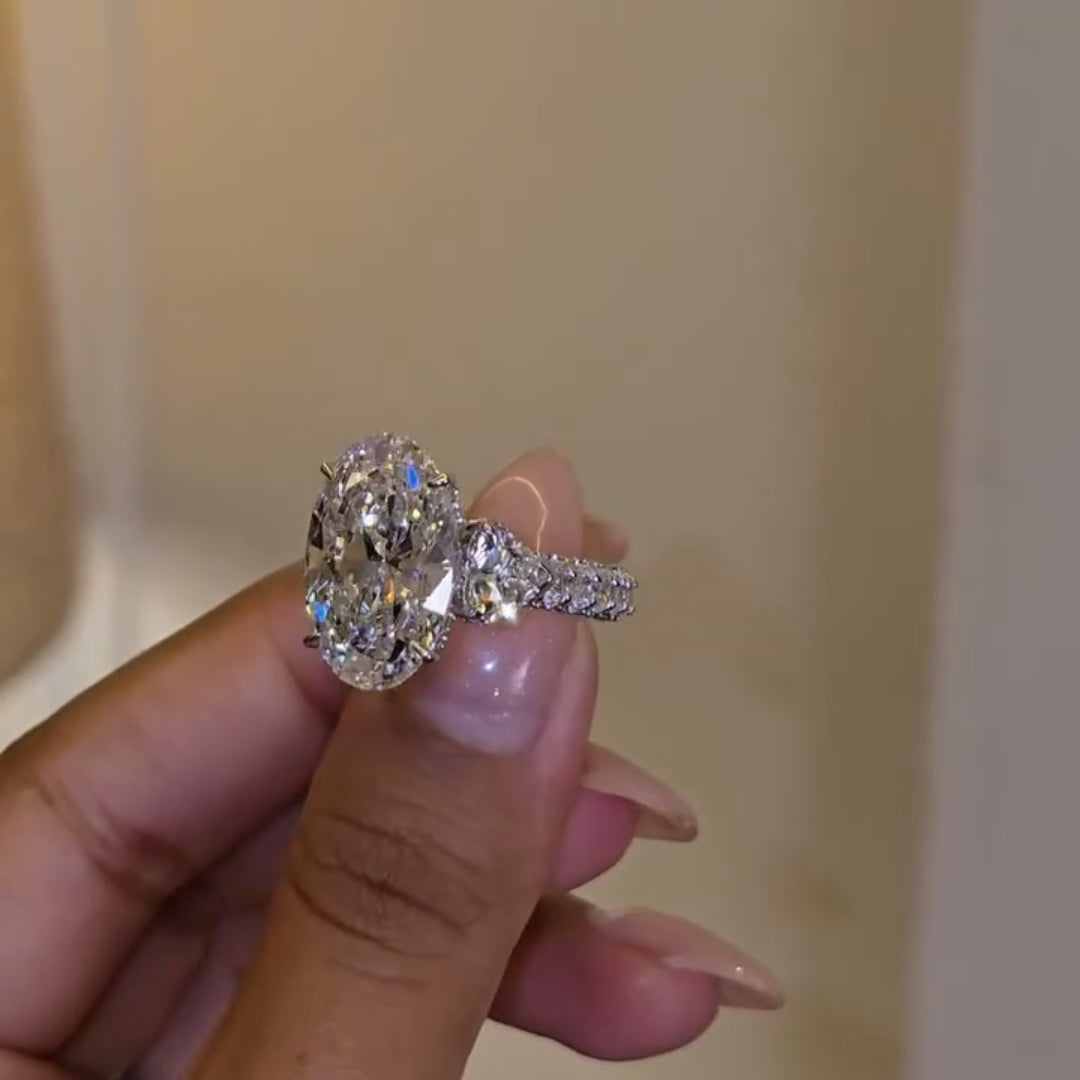 Glamorous Three-Stone Hidden Halo Oval Cut 10.0ct Engagement Ring