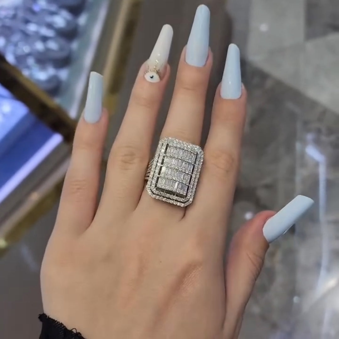 Massive Flawless Emerald Cut • Bold 7ct Look Double Halo Multi-Row Iced Out Engagement Ring In Sterling Silver