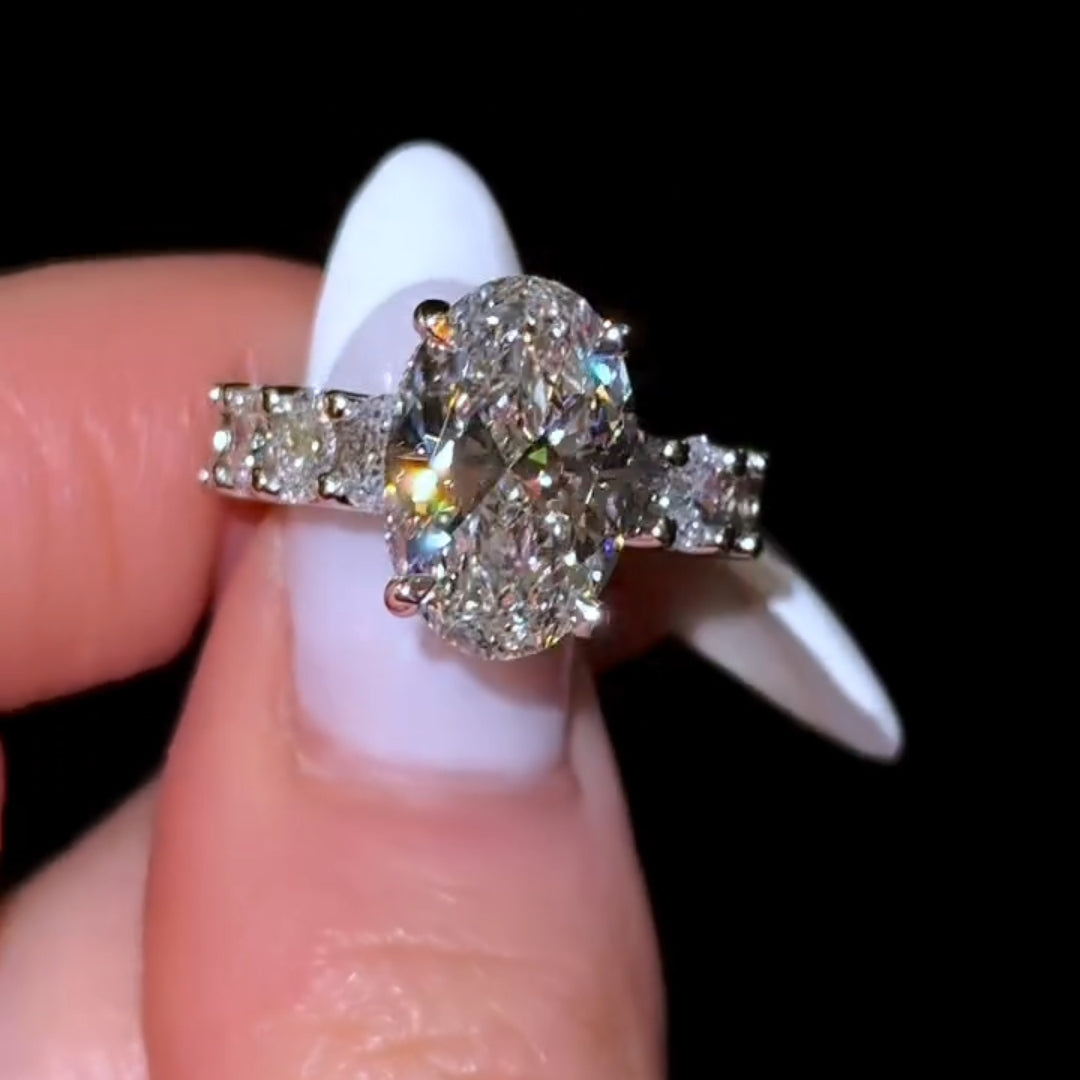 Silken Hidden Halo Oval Cut 8.0ct Engagement Ring In Sterling Silver