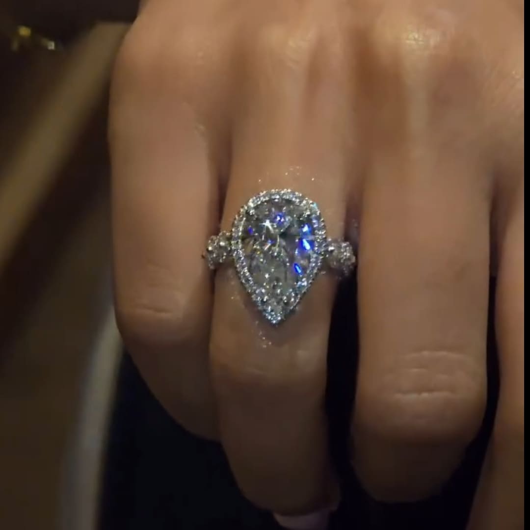Moonlit-inspired Halo Design Pear Cut 6.0ct Engagement Ring In Sterling Silver