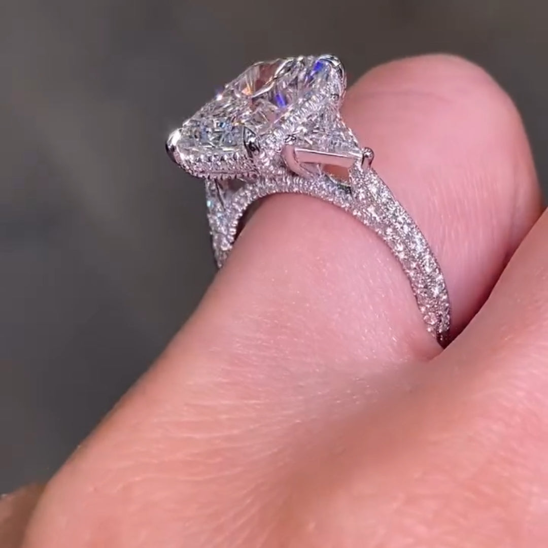 Luxurious Radiant Cut 5.0ct Three Stone Engagement Ring In Sterling Silver