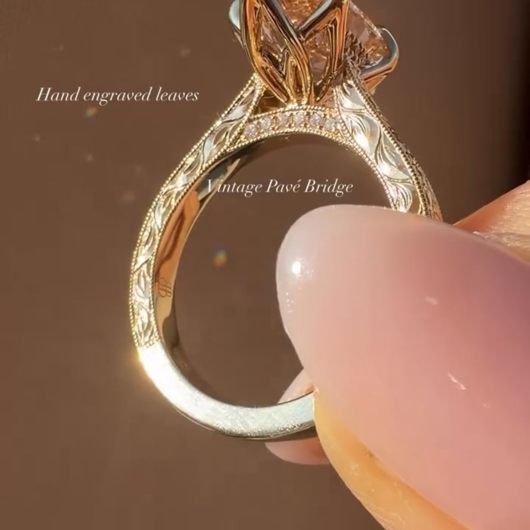 Vintage 3.0ct Hand-Engraved Peach Champagne Marquise Cut Engagement Ring In Sterling Silver