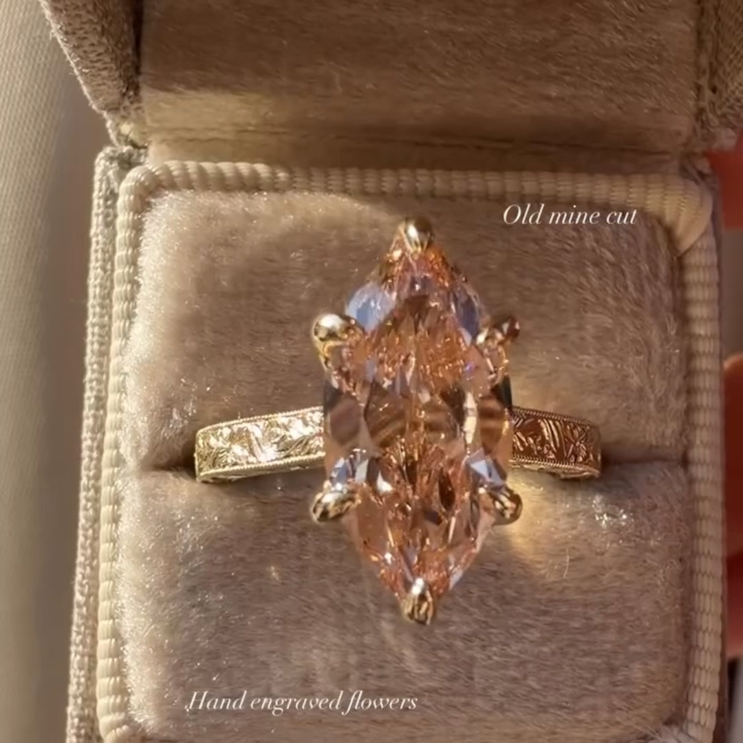 Vintage 3.0ct Hand-Engraved Peach Champagne Marquise Cut Engagement Ring In Sterling Silver